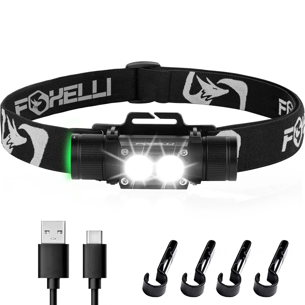 Black aluminium headlamp with adjustable elastic strap and tiltable light module