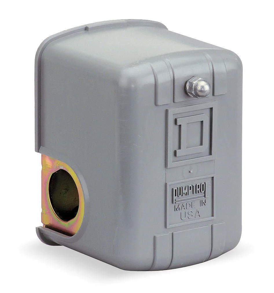 Small grey metal pressure switch with brass port and black adjustment cover