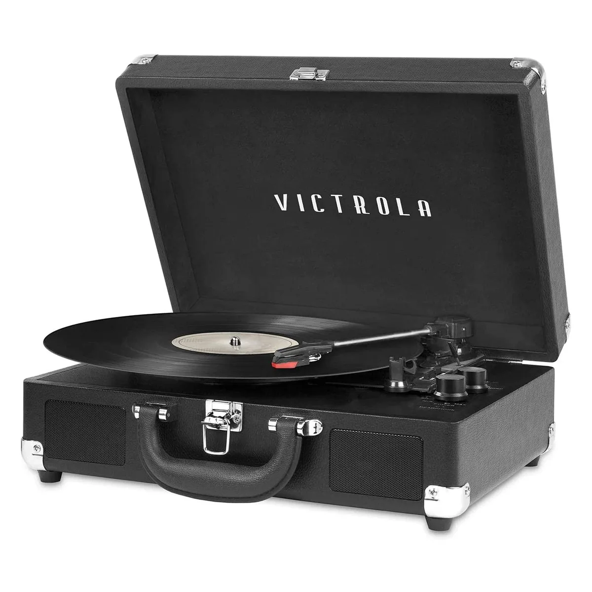 Black suitcase-style turntable with carry handle, foldable design, built-in speakers and 33, 45, 78 rpm speeds