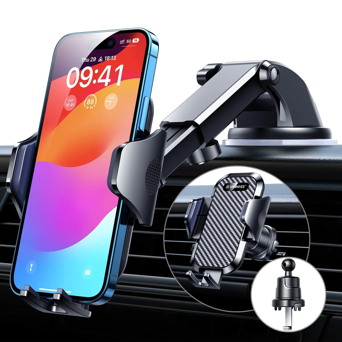 Black car phone mount with large suction cup and adjustable arm