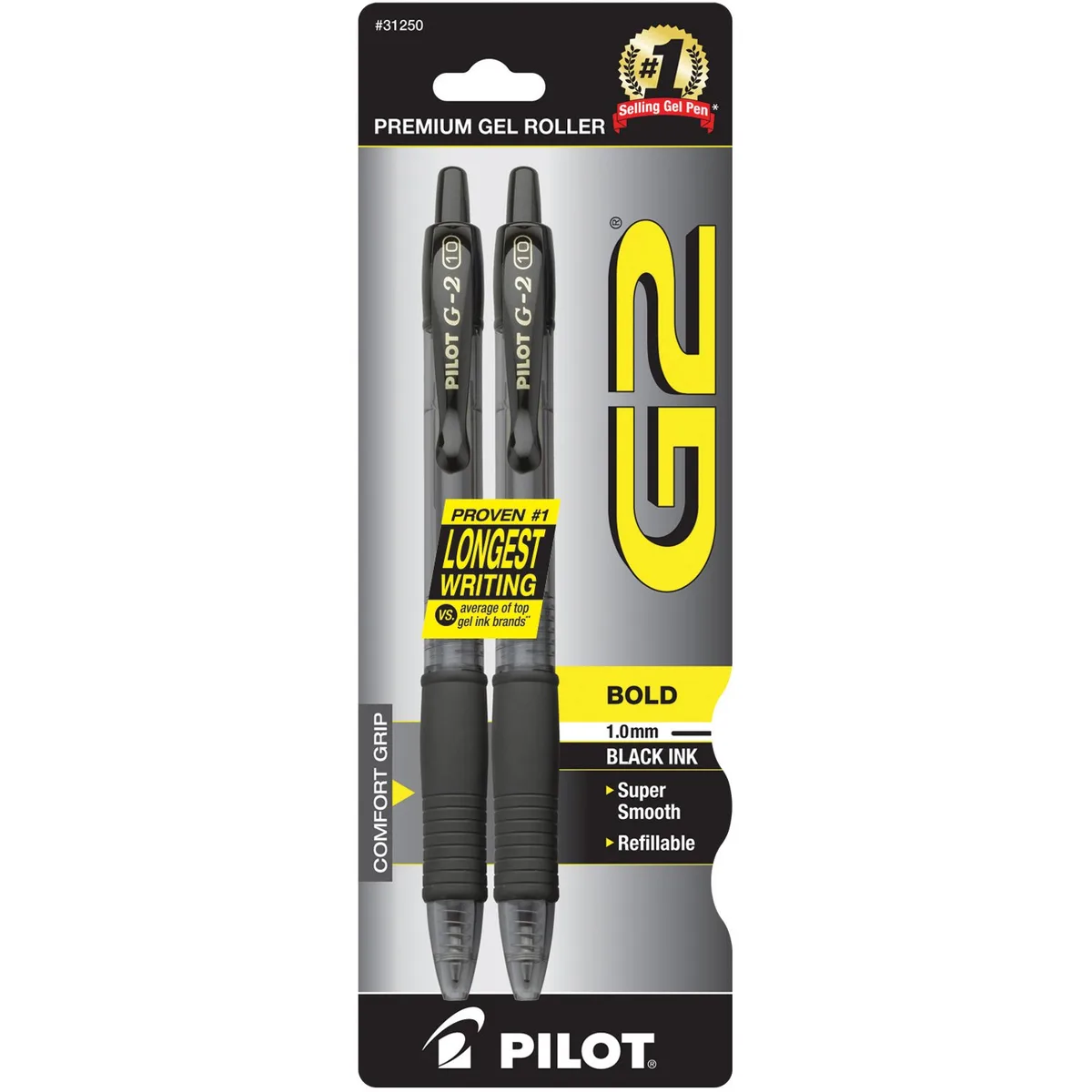 Two black Pilot G2 gel pens with pink barrels and rubber grips, 1.0 mm tip size