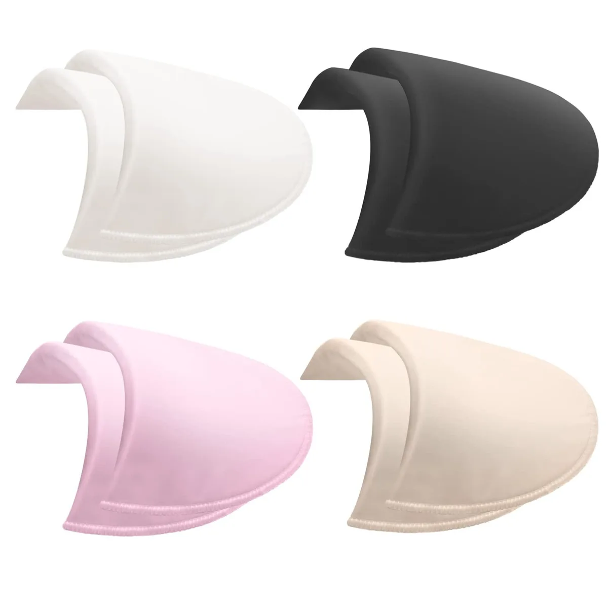 Four thin sponge shoulder pads in black, white, pink and skin tones lying flat