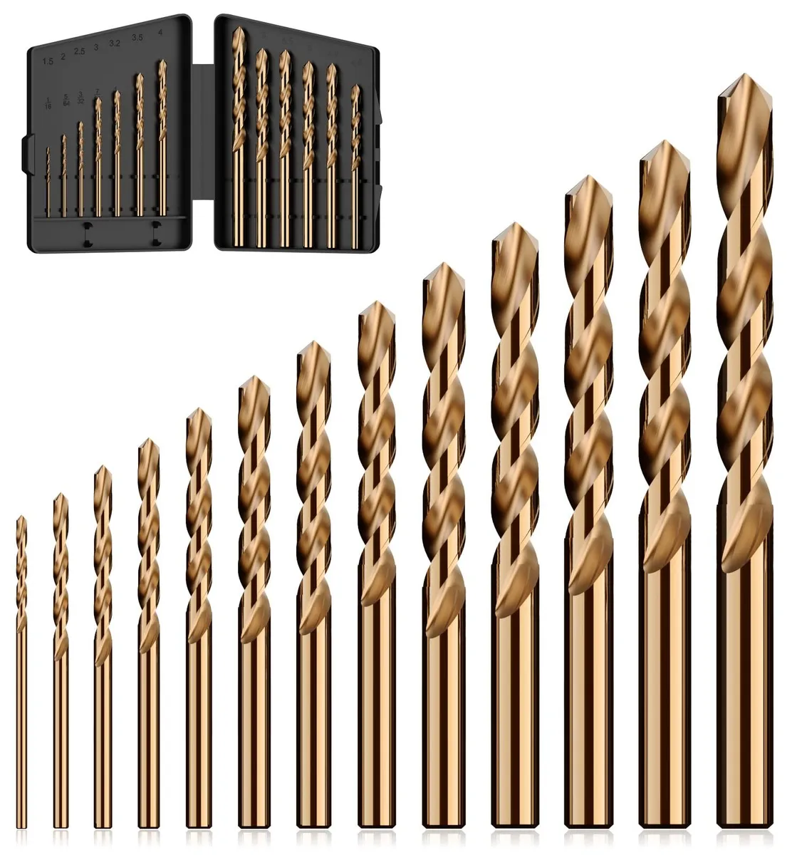 Thirteen M35 cobalt jobber drill bits in indexed storage case, 1/16 to 1/4 inch