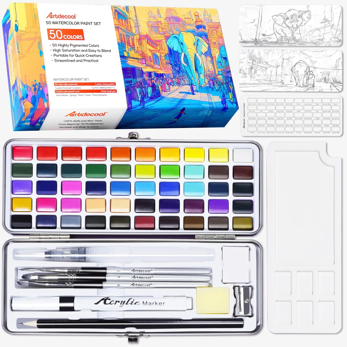  Artdecool 50Color Watercolor Paint Set Fine Art 50 Colors 38 Regular 8 Metallic 4 Fluorescent — product photo