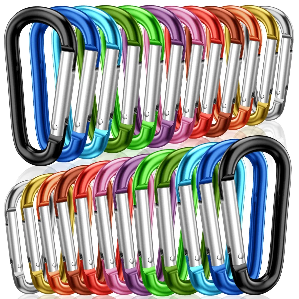 Set of 24 small D-shape aluminium carabiners in assorted colours with wire-lock gates