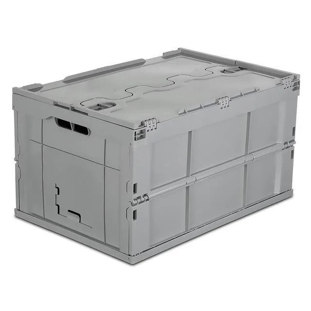 Collapsible plastic storage crate, 65 litre capacity, folds flat to three inches high