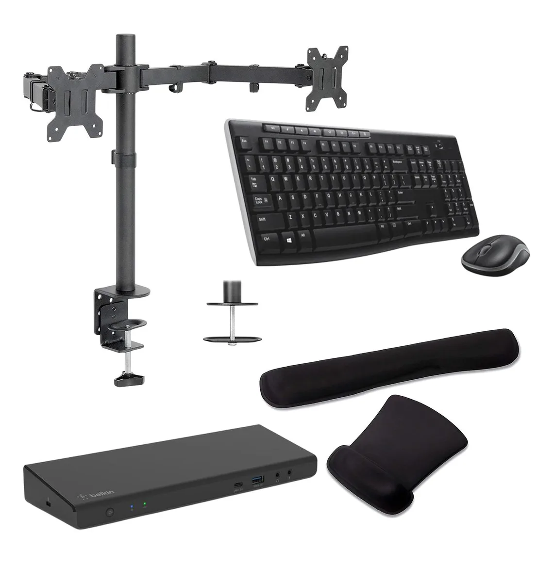 Belkin Belkin Universal USB-C 85W Dock Bundle with MK270 Wireless Keyboard, Dual Monitor Stand, Gel Wrist Rest — product photo