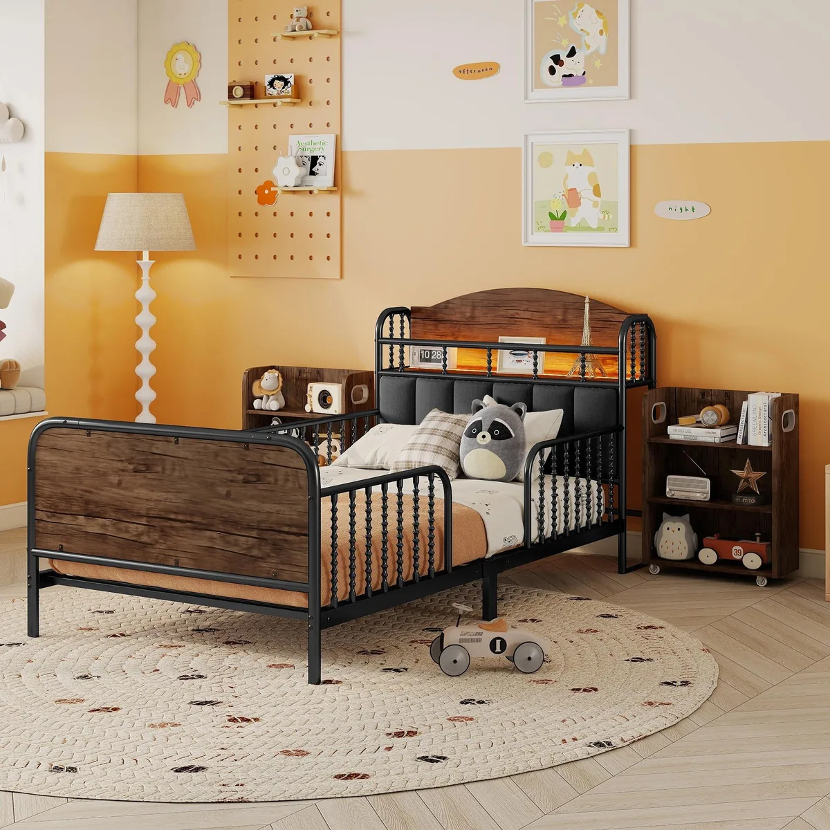 Black metal twin platform bed with LED strip, upholstered headboard, pull-out storage shelves and full safety guardrails