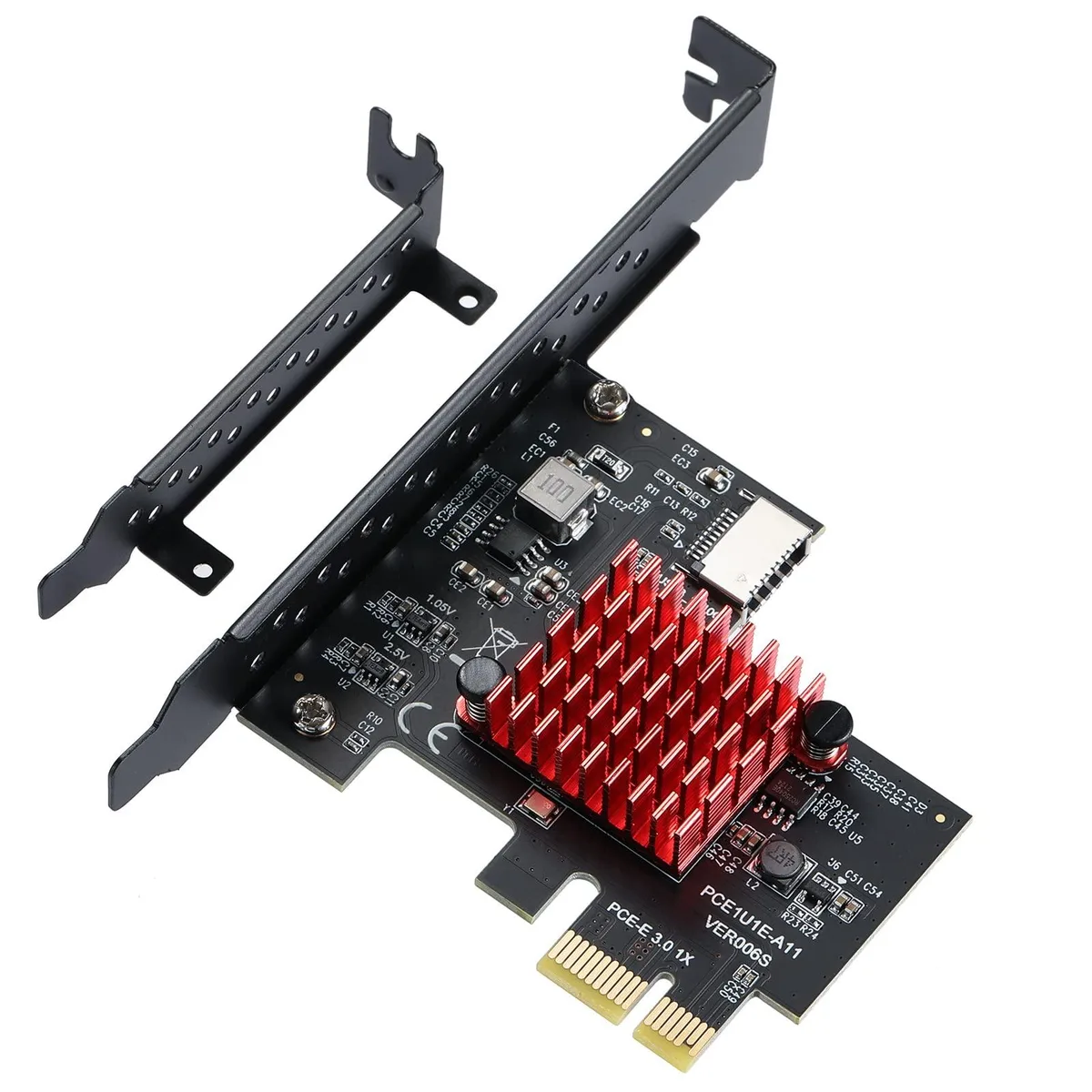 Green PCB PCIe x1 card with red heatsink and internal USB Type-E connector