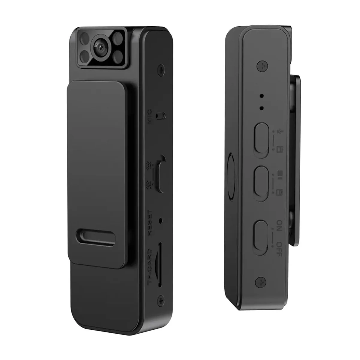 Small black rectangular wearable camera with rotating lens and back clip