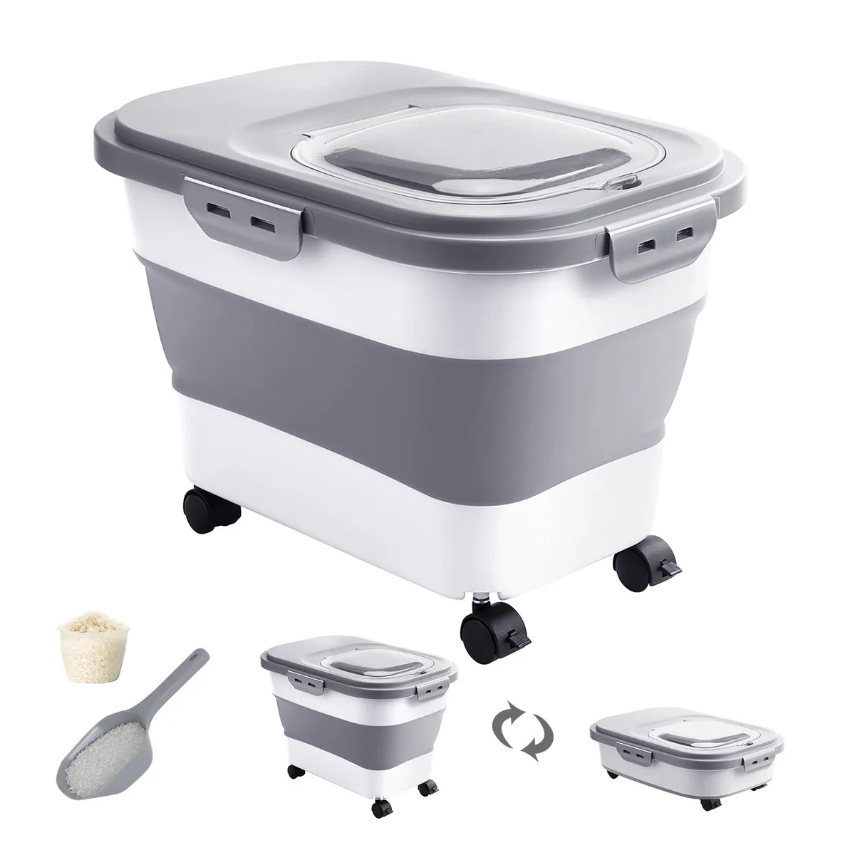 Red collapsible food storage container with wheels and airtight lid