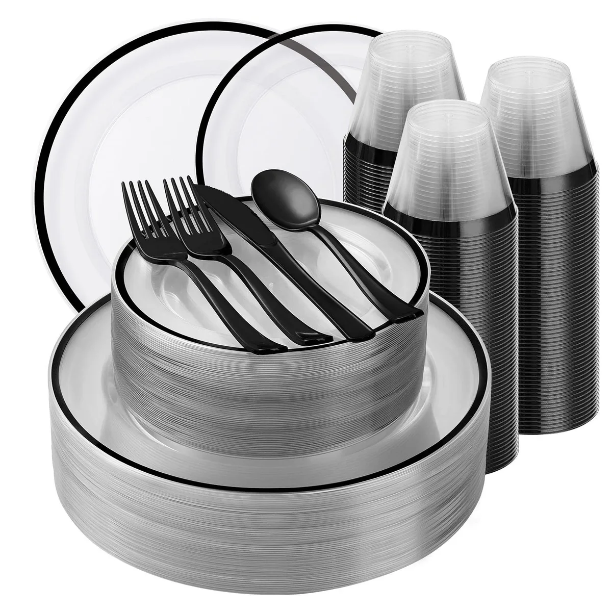 Large boxed set of black-rimmed clear plastic plates cups and cutlery for 50 guests