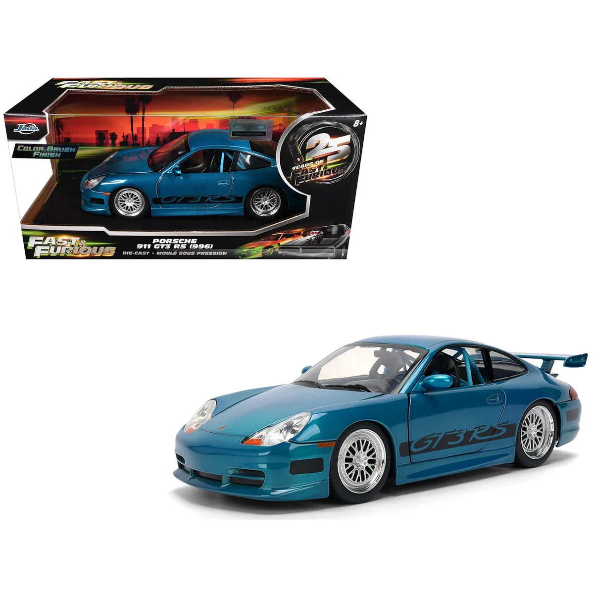 Jada Jada Porsche 911 GT3 RS (996) Blue Brush Finish Fast Five 25 Years 1/24 Diecast hobby collectible — product photo