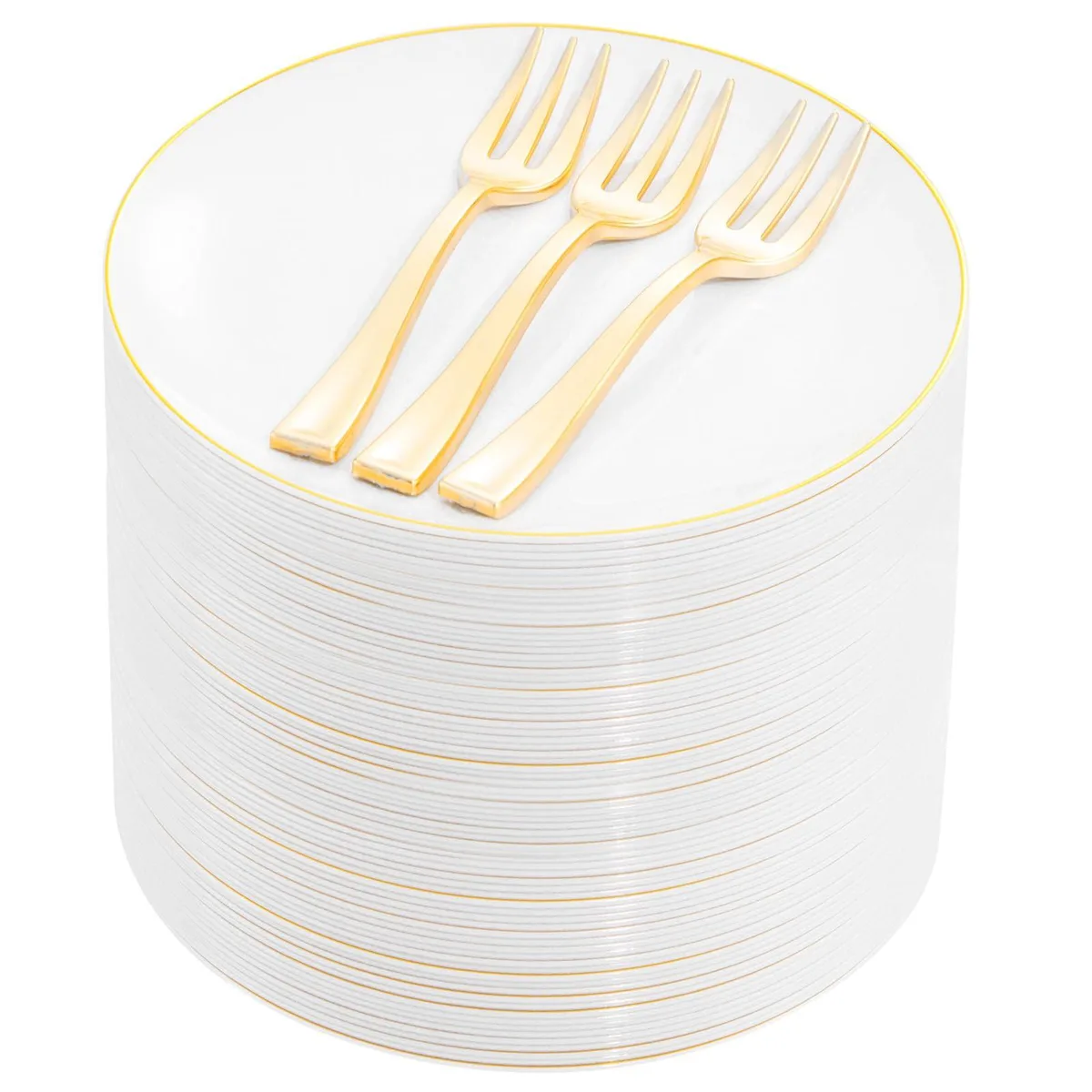 White rectangular plastic dessert plates with gold rim, 100 count