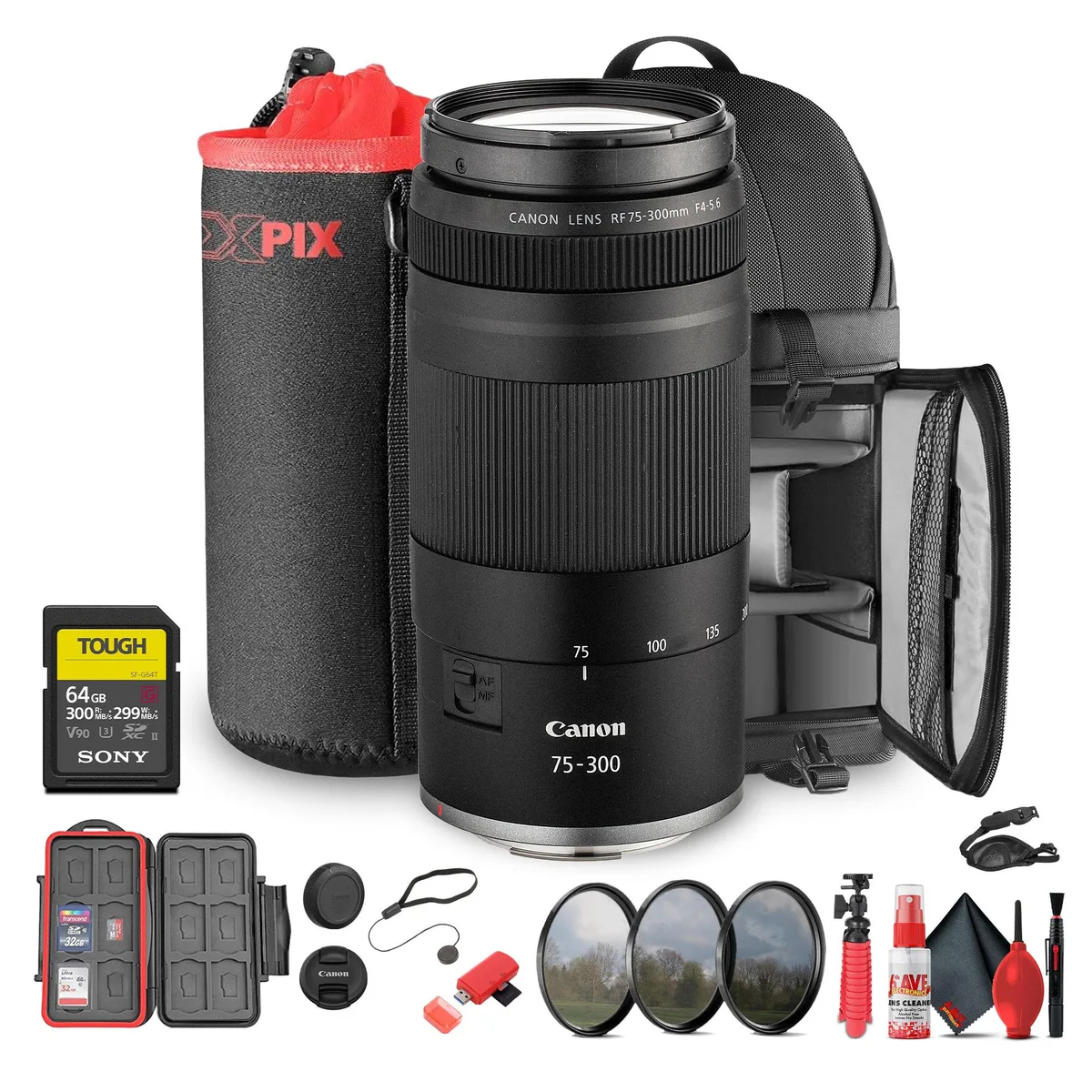 Canon Canon RF 75-300mm f/4-5.6 Lens Bundle with 58mm Filter Kit, 64GB Card, Sling Backpack and Accessories — product photo