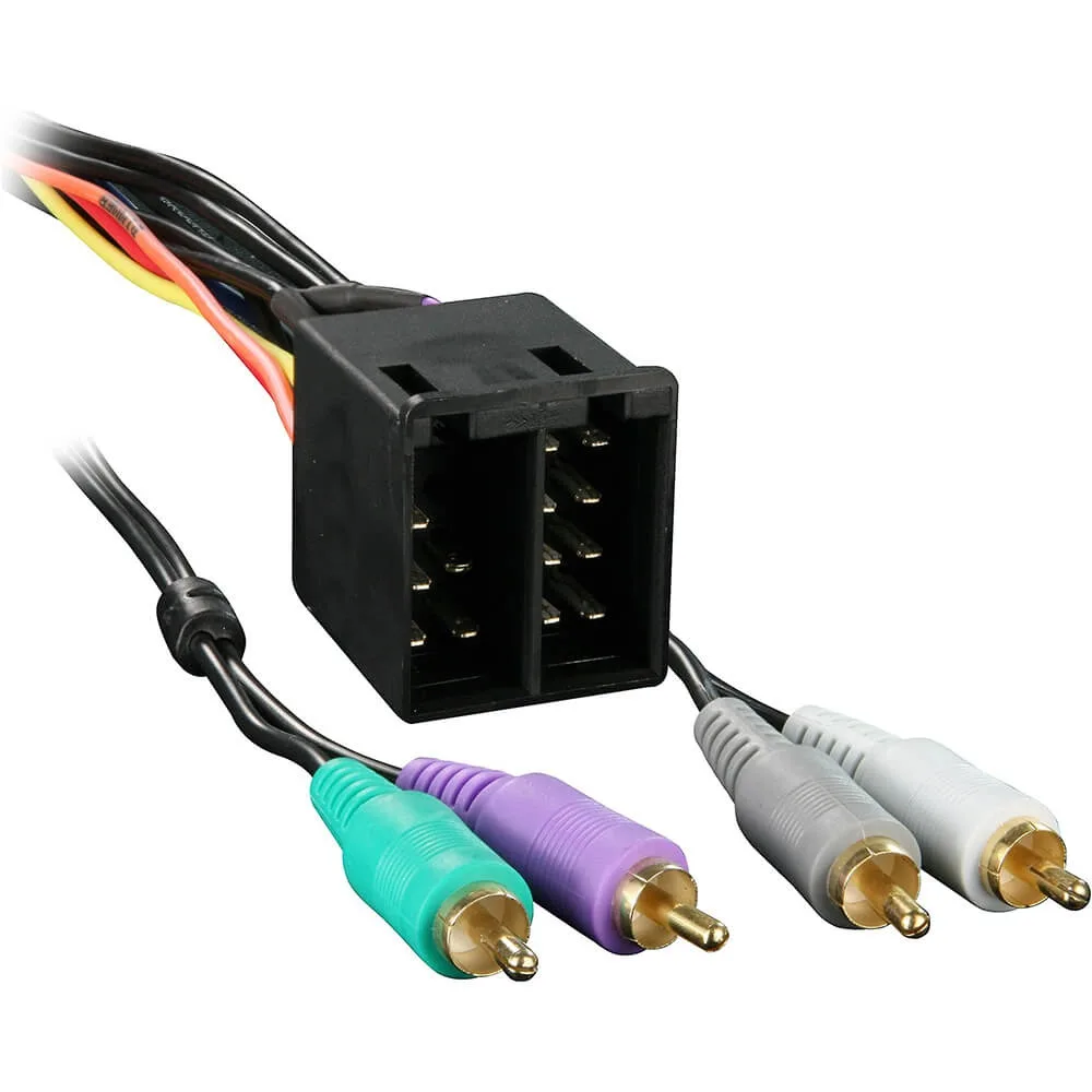 Black rectangular wiring harness with multiple coloured wires and RCA plugs