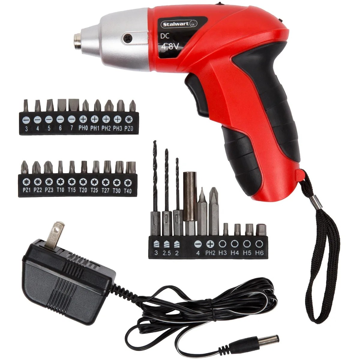 Red cordless screwdriver with LED light and 25-piece bit set
