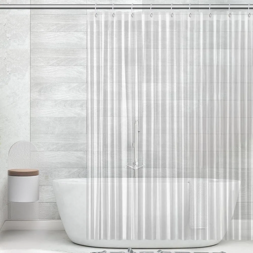 Transparent PEVA shower curtain liner 71 by 71 inches with 12 white plastic rings