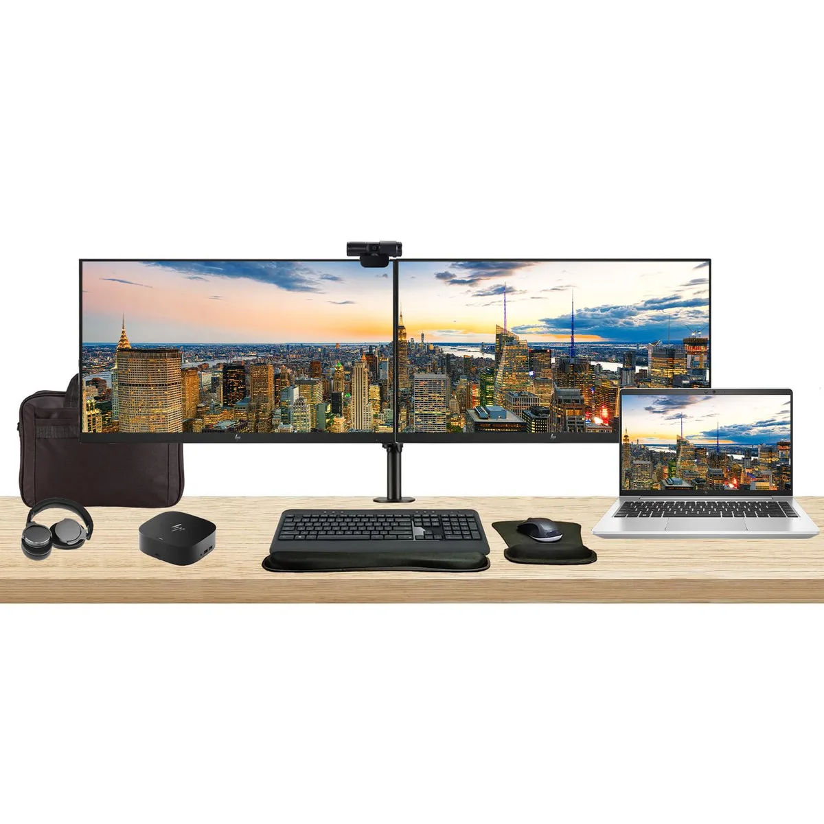 HP HP EliteBook 640 G10 i5-1345U 16GB 256GB SSD 14" laptop bundle with dual 27" monitors, dock, peripherals — product photo