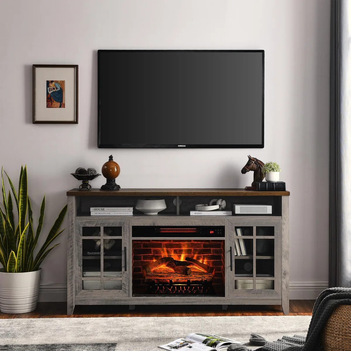 tuphen tuphen 55 inch TV Media Stand Electric Fireplace Gray Wash — product photo
