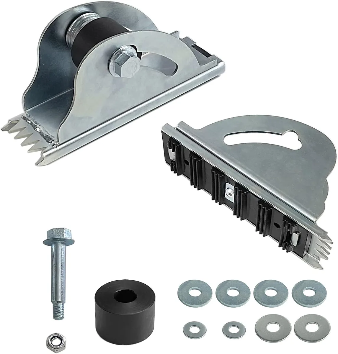 Two black steel ladder feet with rubber pads and front pick teeth, shown as a pair
