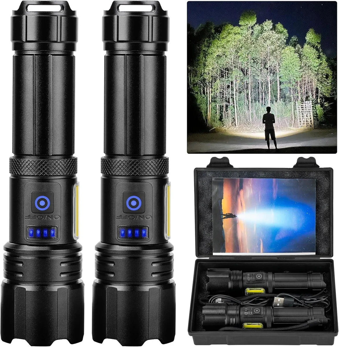 Two cylindrical handheld flashlights with matte finish, side COB panels, USB ports visible