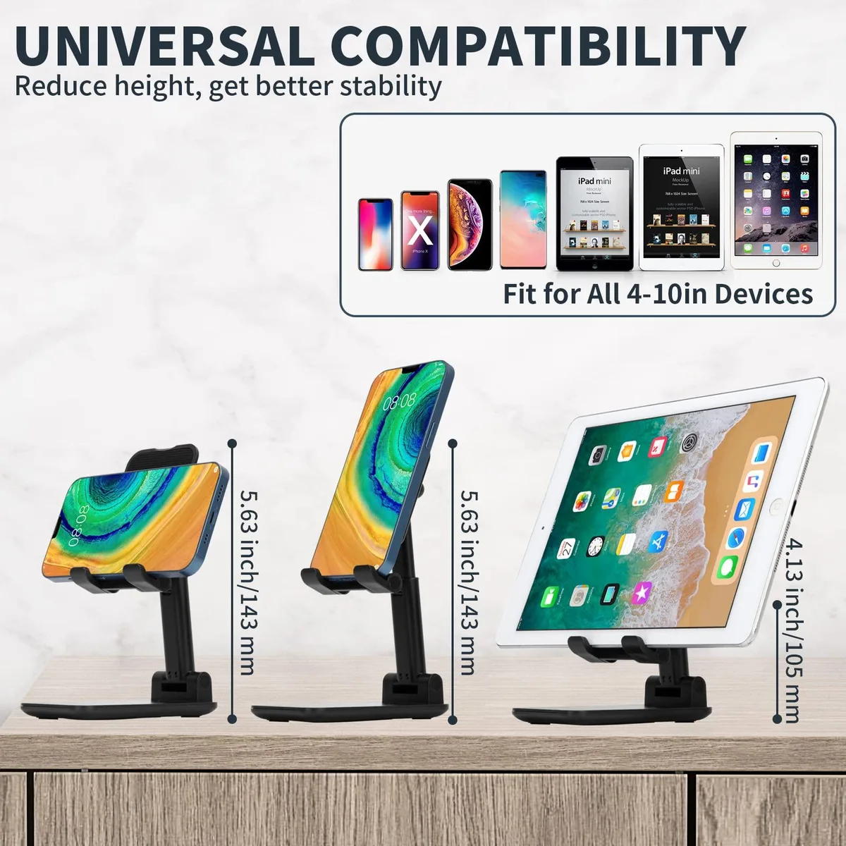 White foldable phone stand with adjustable aluminum pole and silicone pads