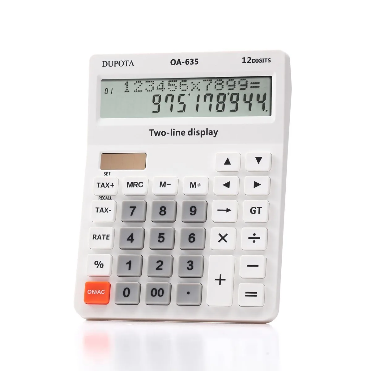 Pink desk calculator with metal finish, 12-digit two-line LCD display, dual solar and battery power, 6.5 by 5 inches