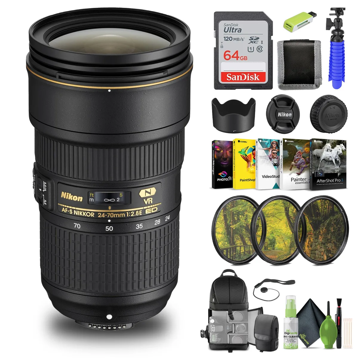 Nikon Inc Nikon Inc AF-S NIKKOR 24-70mm f/2.8E ED VR camera lens bundle — product photo