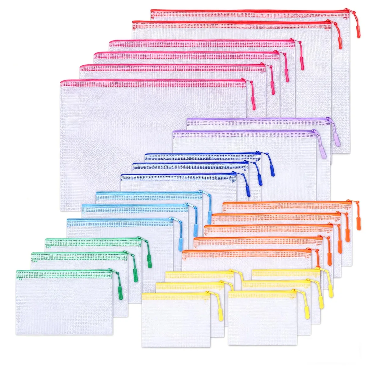 A stack of 28 clear mesh zipper pouches in mixed sizes and colors, semi-transparent PVC with smooth zipper pulls