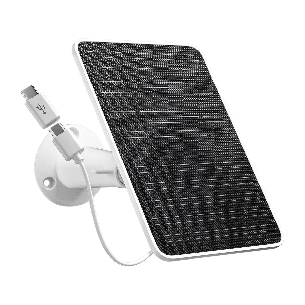 Rectangular black solar panel with adjustable bracket and 10ft cable