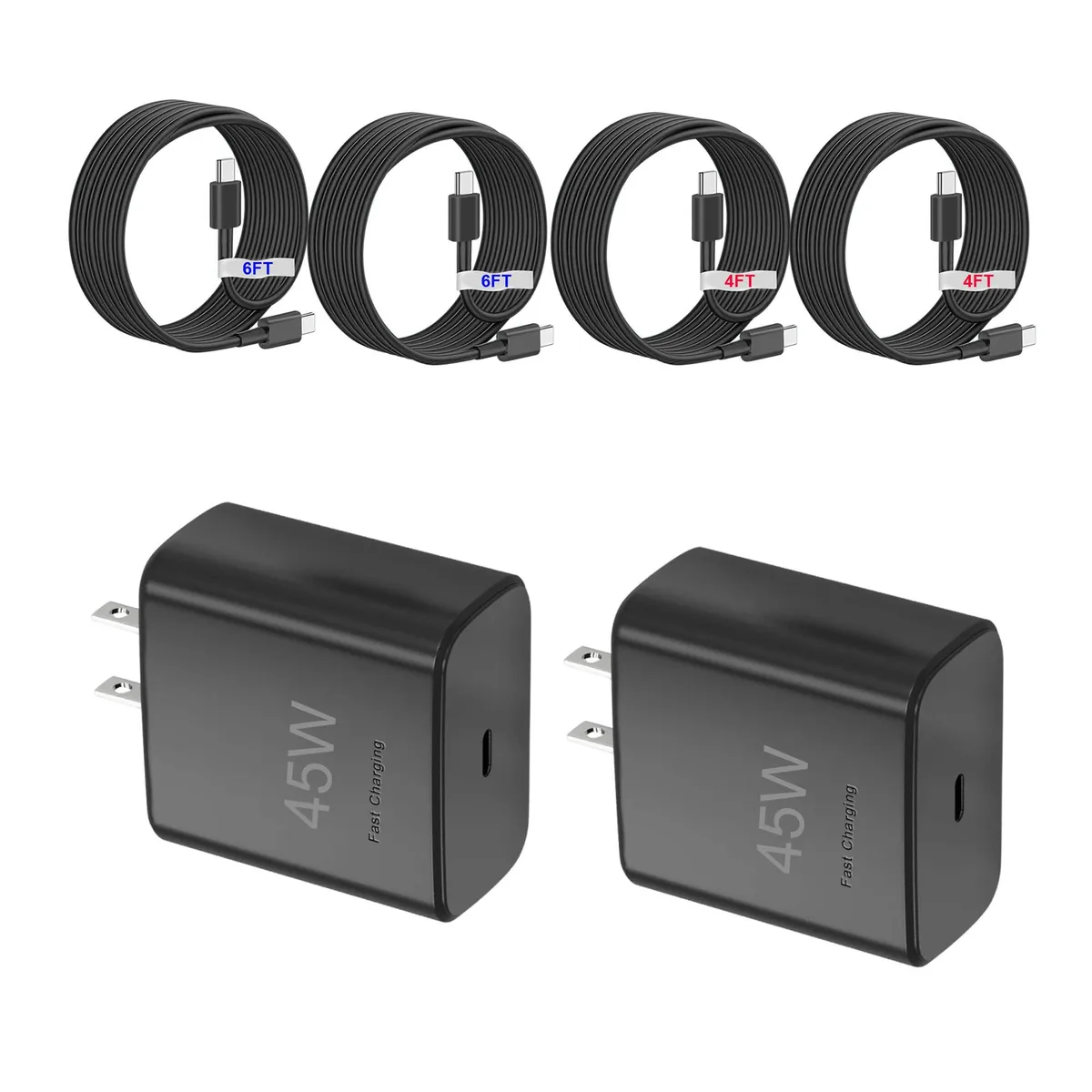 Two white USB-C wall chargers with matching cables, compact rectangular shape, matte finish