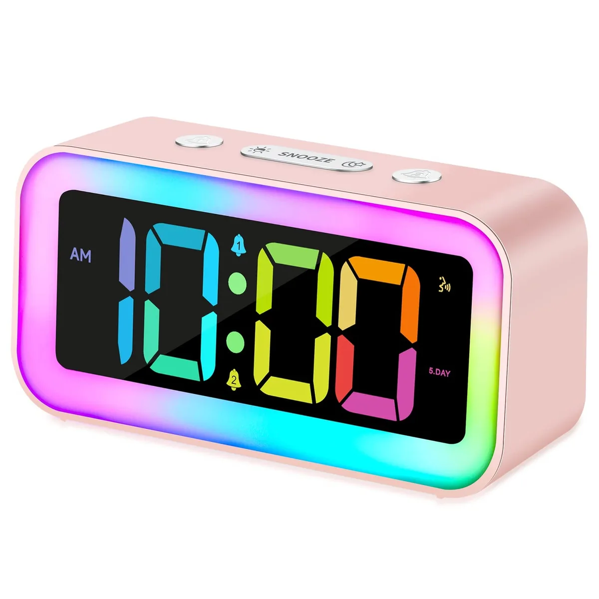 Light pink rectangular digital clock with RGB display and night light, 5.7 inches wide