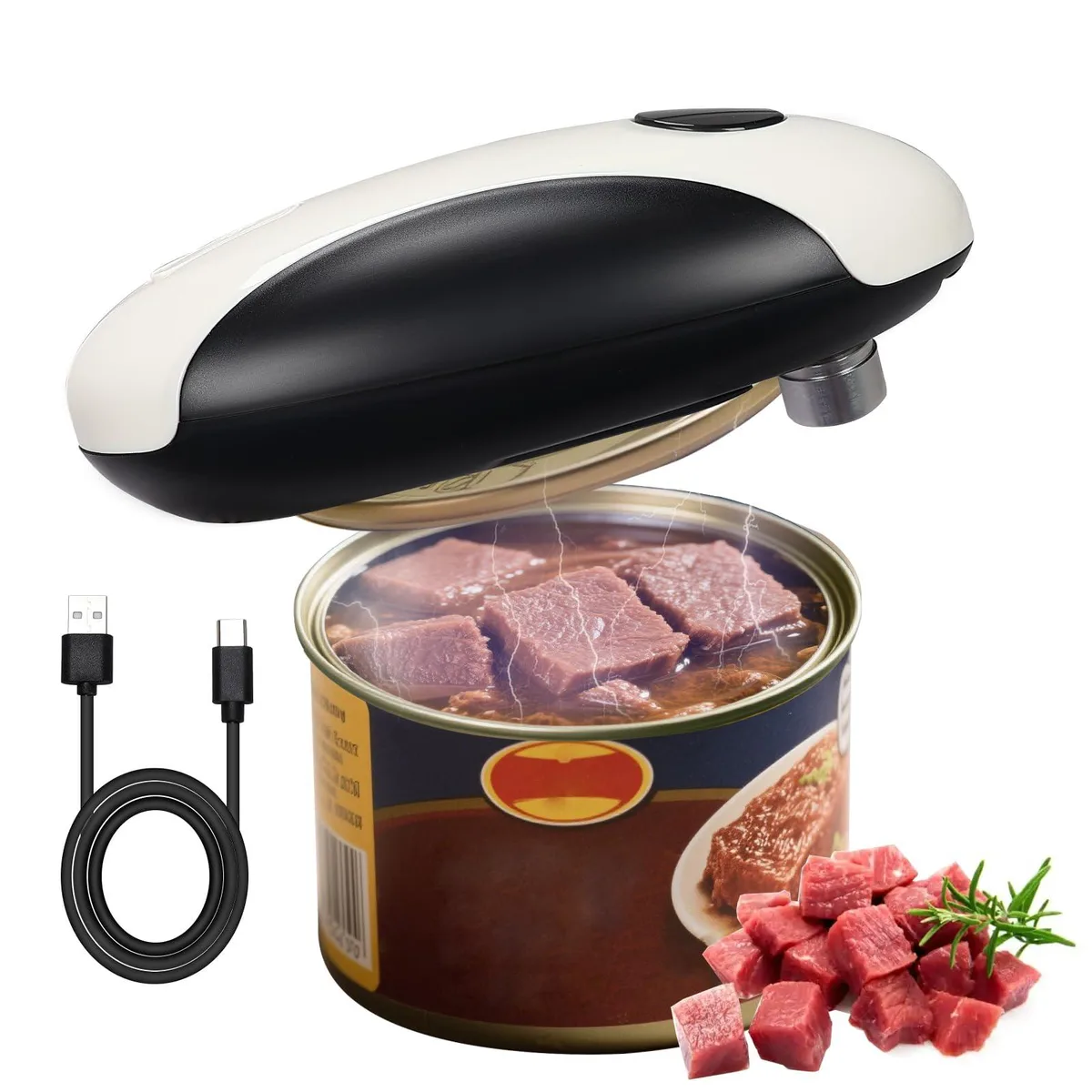 Compact black automatic can opener with smooth rounded edges and USB-C charging port