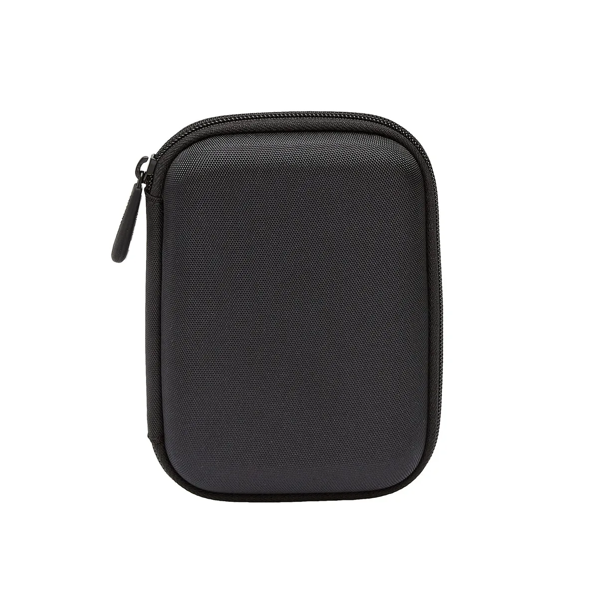Black rectangular hard-shell case with zip closure and mesh pocket visible