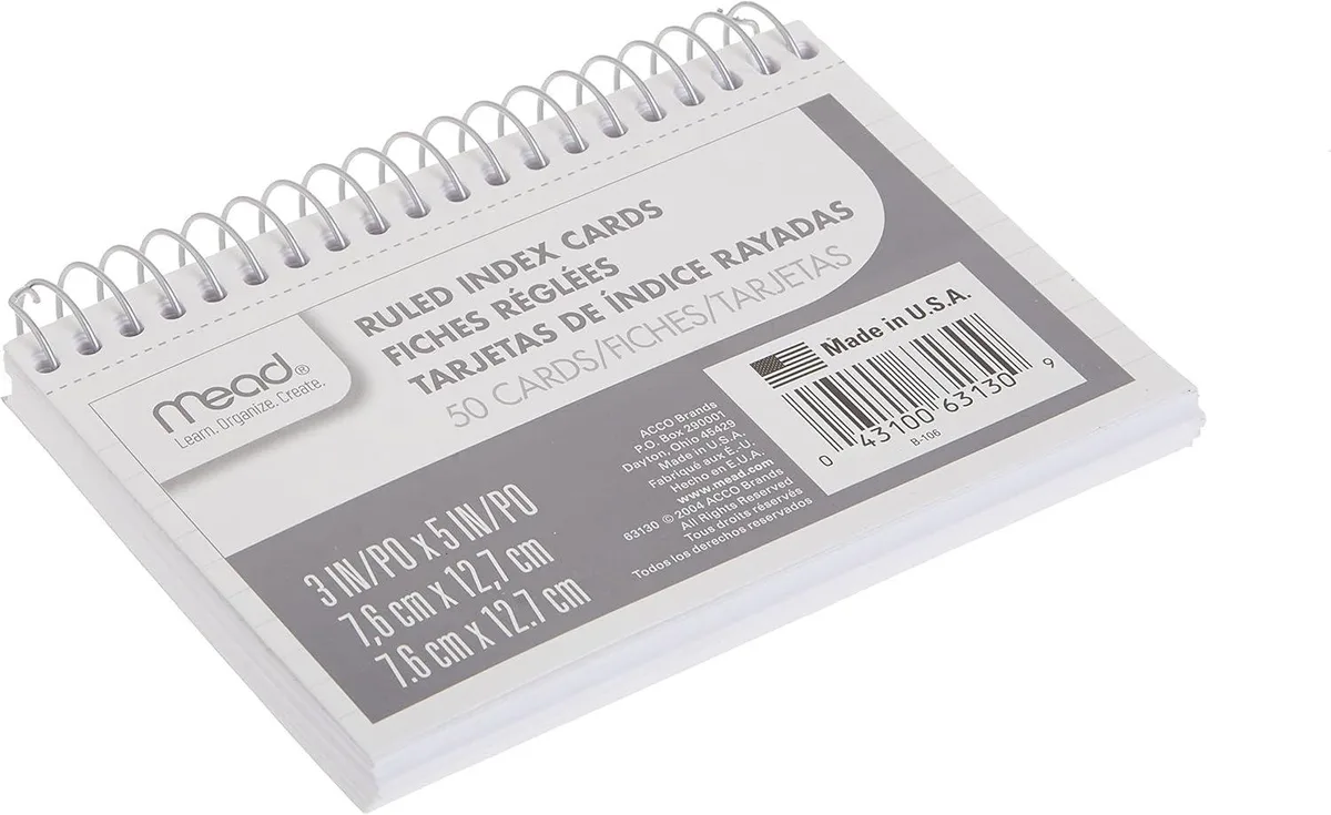 Mead Index Cards 3" x 5" Ruled Front Blank Back 50 Count White 63130 — product photo
