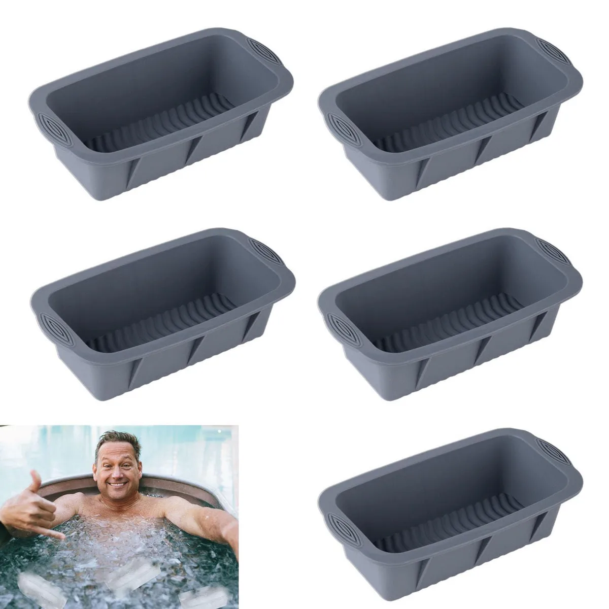 Five grey rectangular silicone ice block moulds