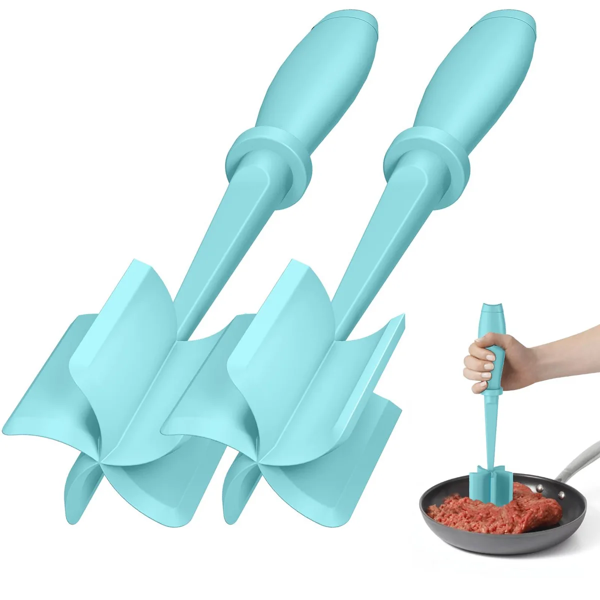 Aqua nylon meat chopper with five wide blades, ergonomic handle, twelve pieces