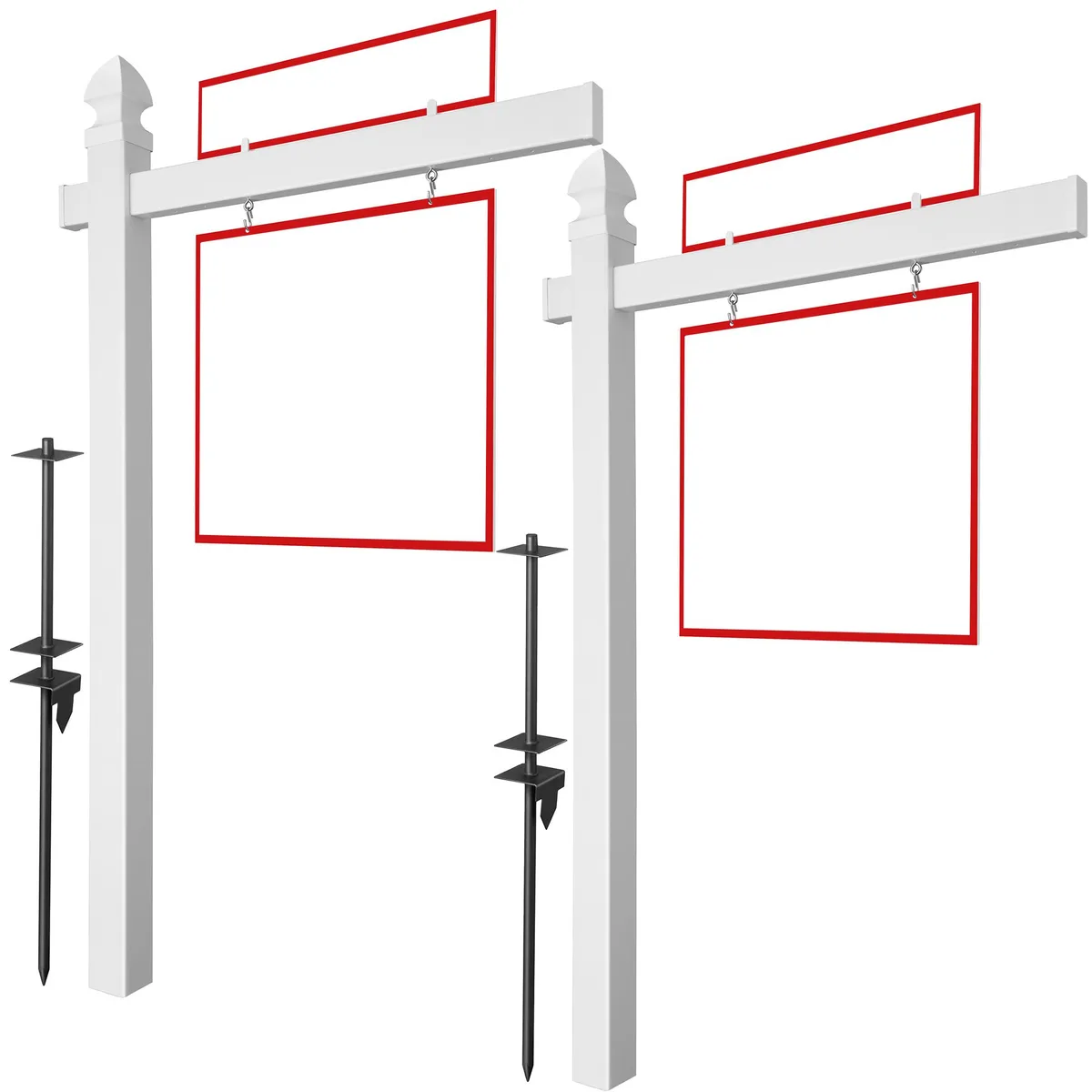 Two white PVC sign posts, 72 inch height, 47 inch cross rail, flat and gothic caps, with steel stake