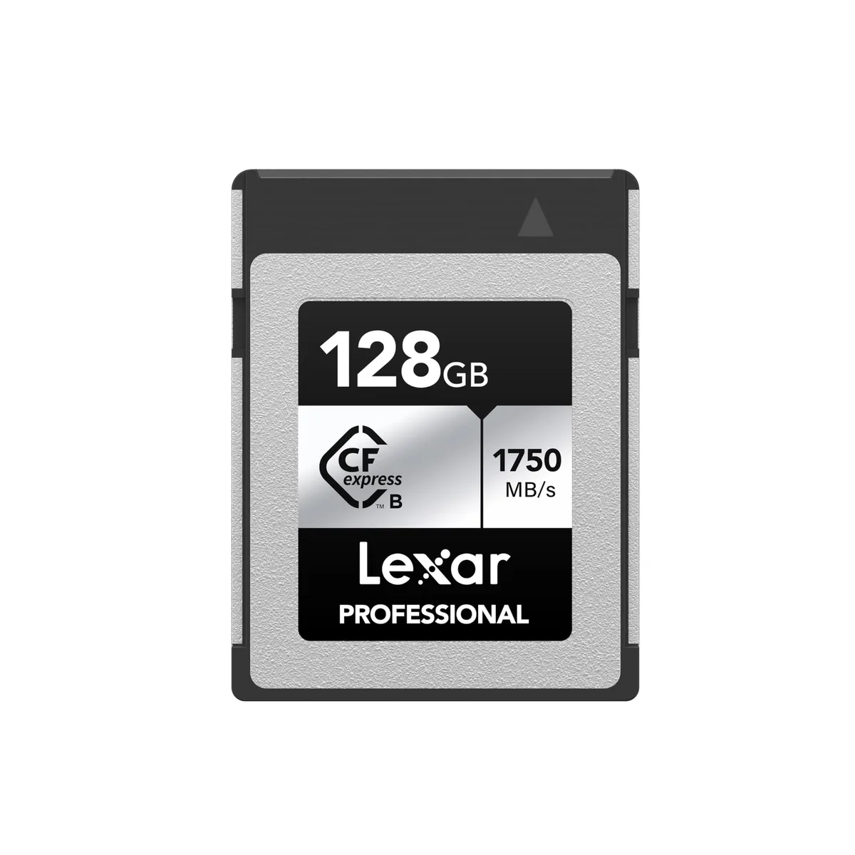 Silver CFexpress Type B memory card, 128GB capacity