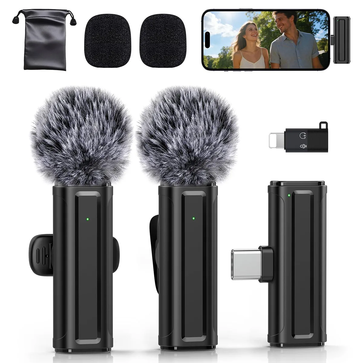  Pufazest J23C2 2-Pack Lavalier Microphone 65ft 360° Clip USB-C — product photo