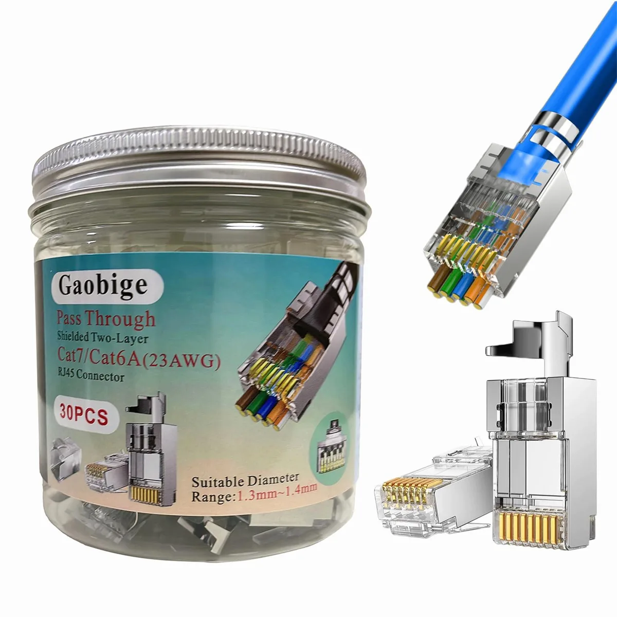 KEHIPI KEHIPI 30-Pack Cat7 Cat6A RJ45 Pass Through Connectors Shielded 23AWG Gold 30PCS Strain Relief Boots — product photo
