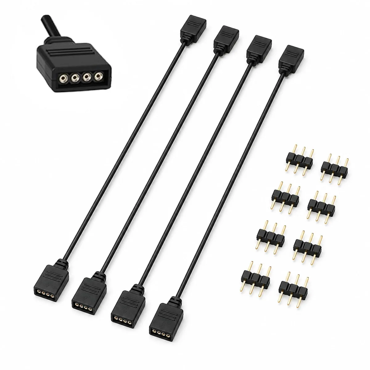 Four black 12V 4-pin ARGB extension cables with female connectors, 30cm each