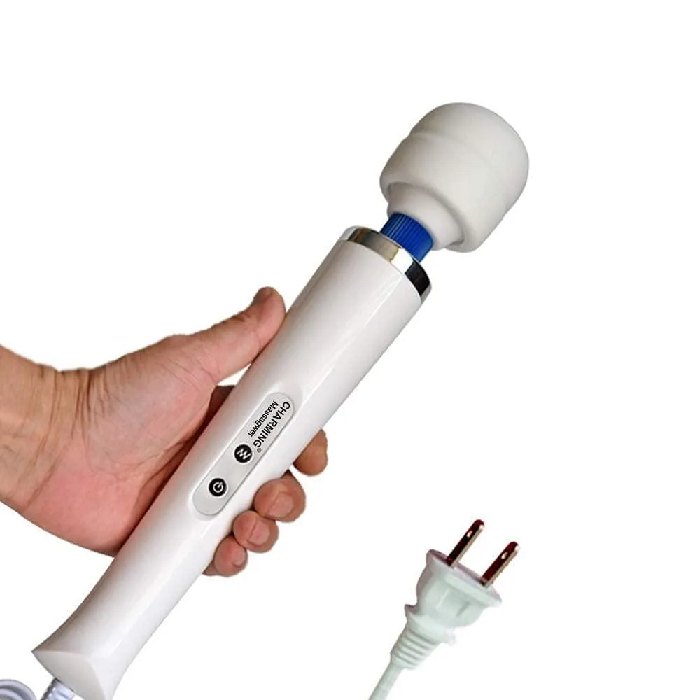 White cylindrical handheld massager, 12.6 inches long, corded electric with removable soft head