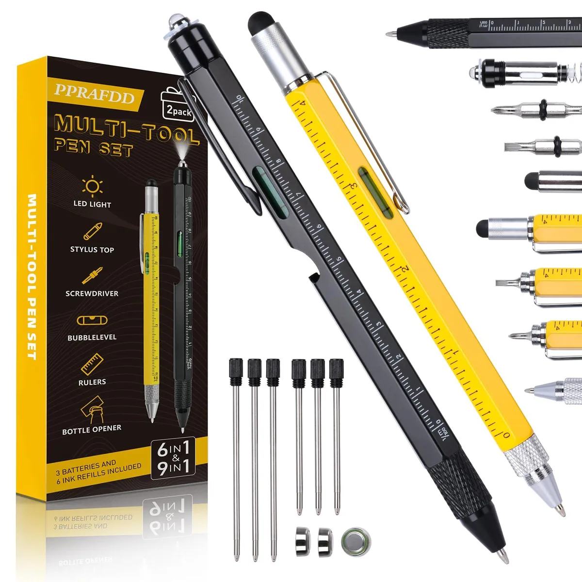 Two aluminium multitool pens, black and yellow, with clip caps and visible tool ends