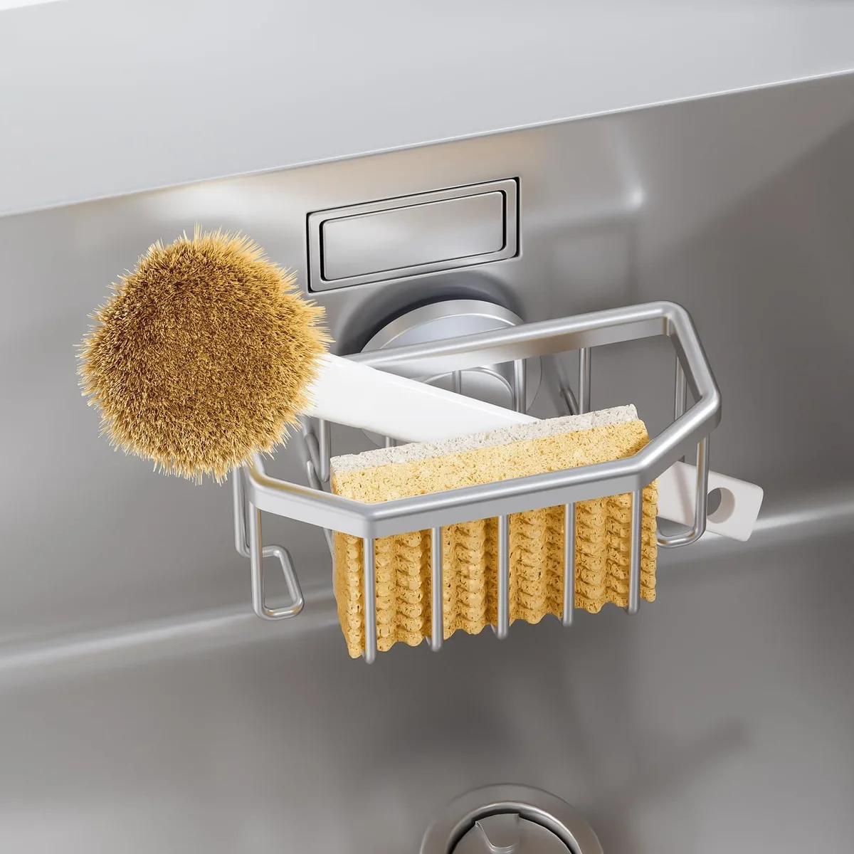 Silver aluminium sponge holder with suction cup mount