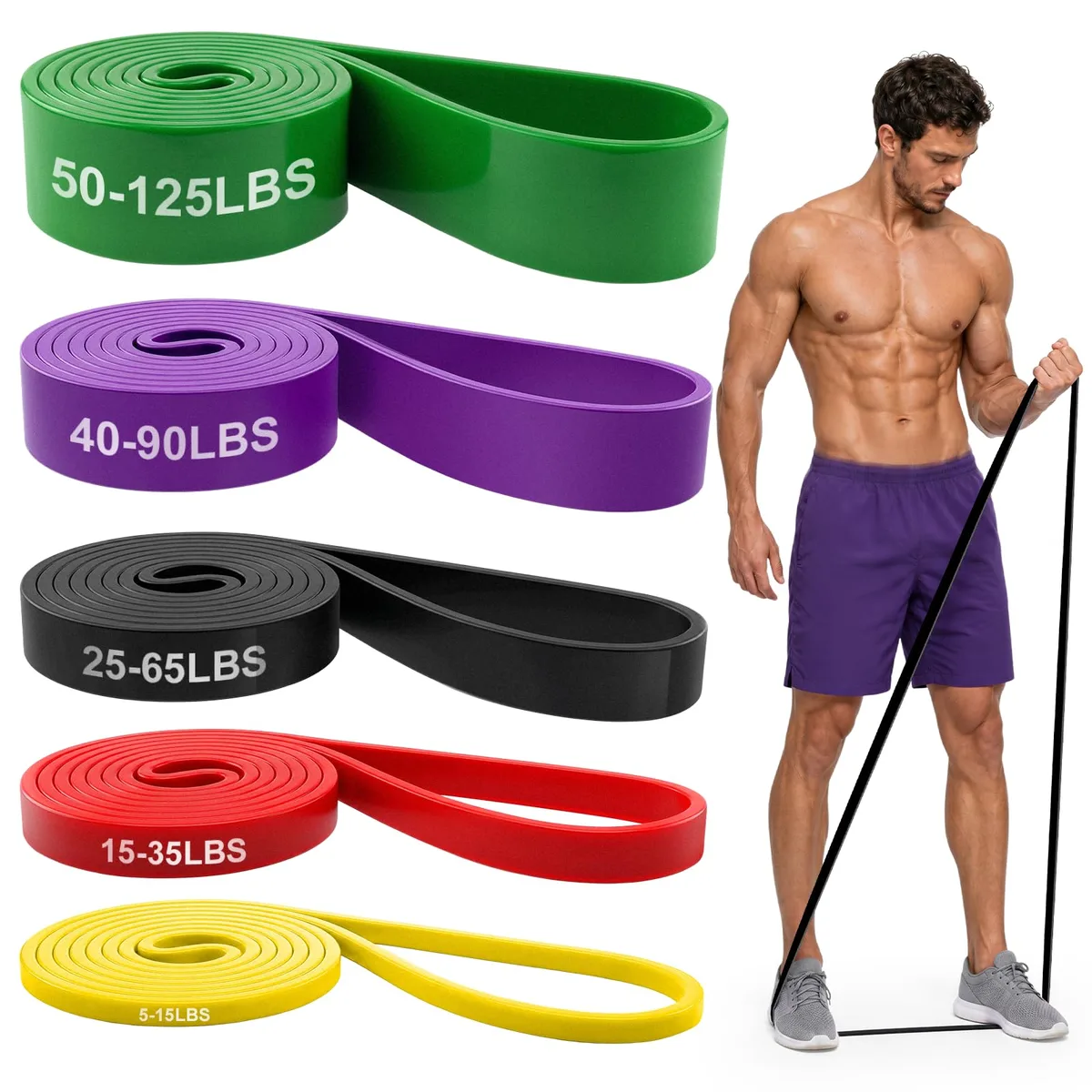 Set of five colour-coded TPE resistance bands 12 inches long