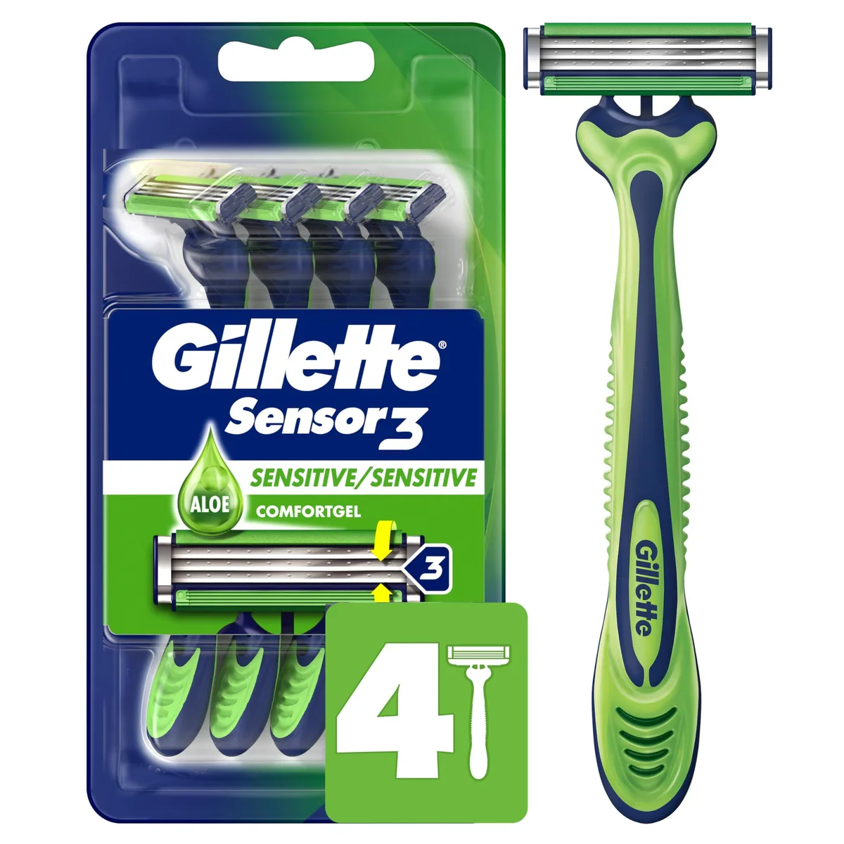 Four green and white disposable razors with pivoting heads and rubber handles