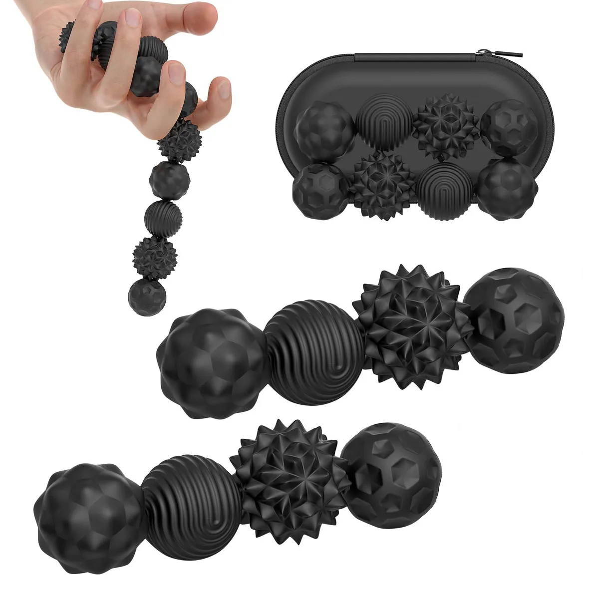 Eight black magnetic spheres with textured silicone shells