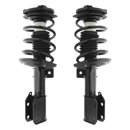 Two silver front strut assemblies with coil springs and top mounts